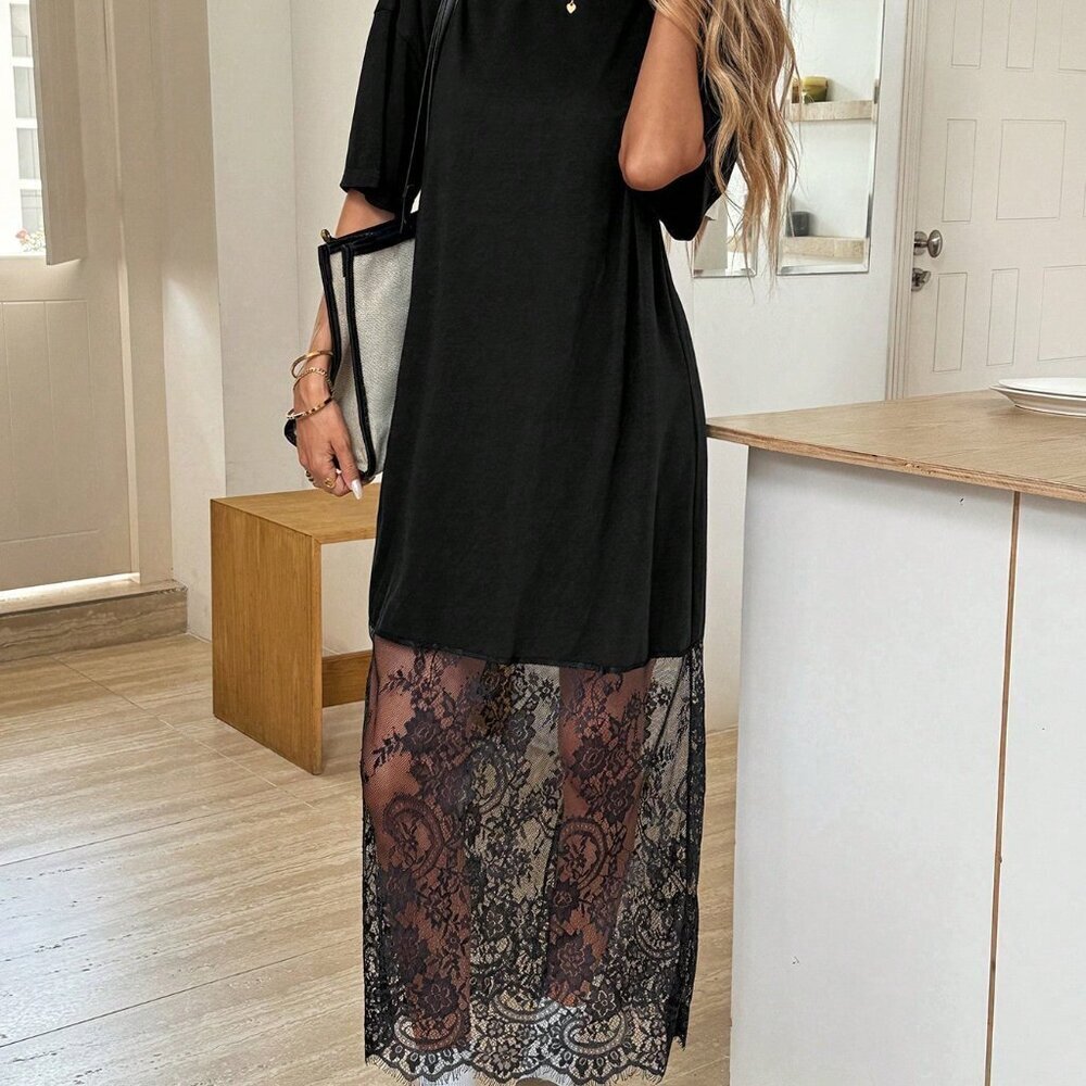 Black Casual Women's Loose Lace Elegant Crew Neck Short Sleeve Dress - Picture 3 of 6